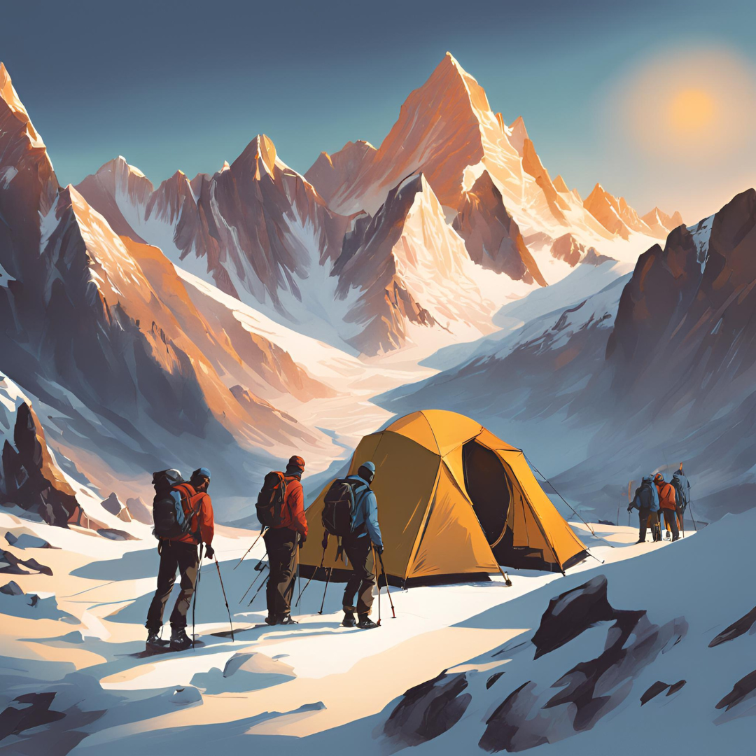 Trekkers gathered around a tent at a base camp in Nepal, discussing their journey; a guide to avoiding common trekking mistakes in Nepal.