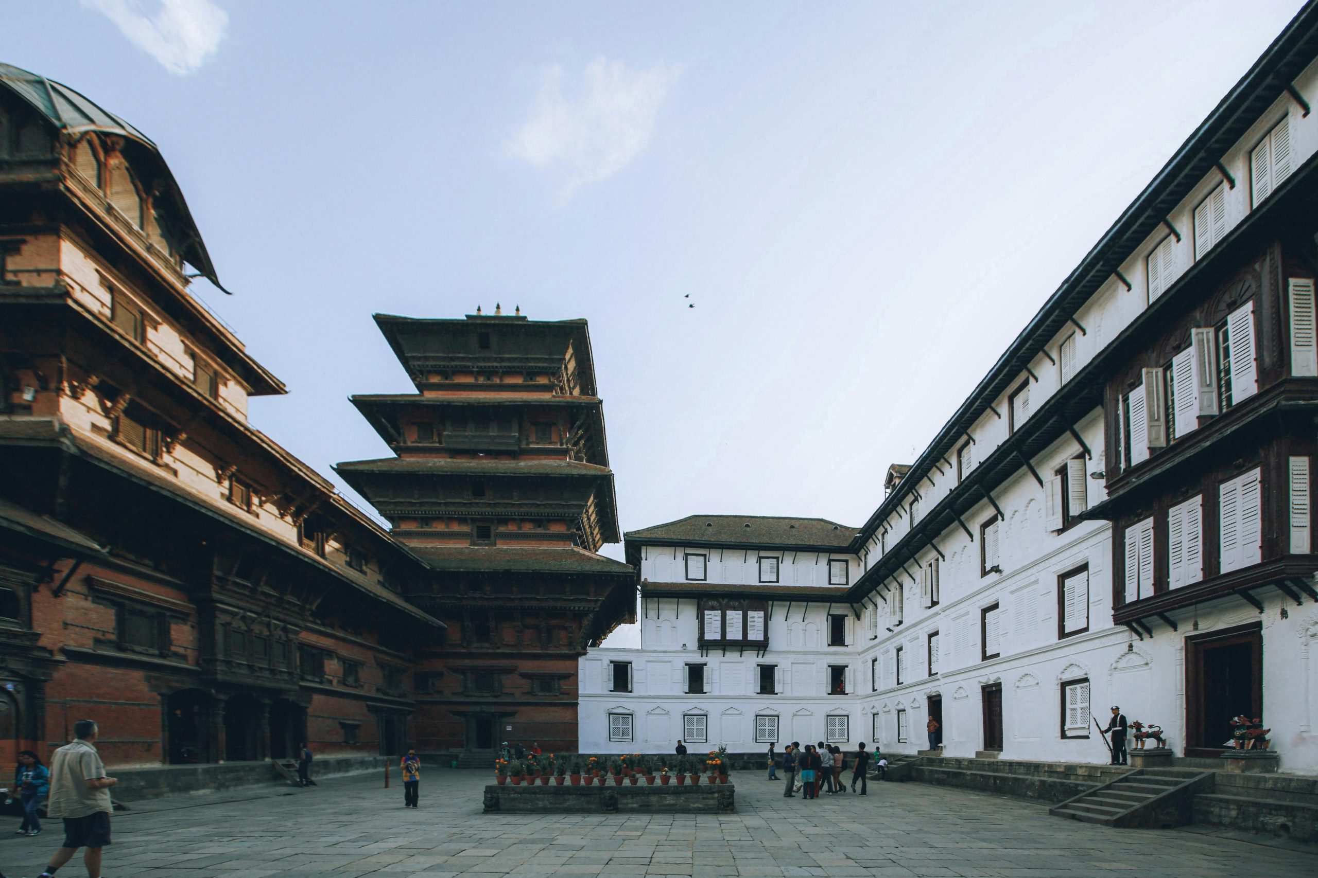 View of Kathmandu Durbar Square, a UNESCO World Heritage Site, featuring traditional Nepalese architecture, historic temples, and bustling activity in Kathmandu, Nepal.