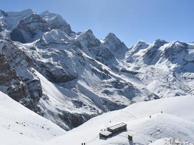 Scenic view of the Annapurna Circuit Trek in Nepal, featuring snow-capped peaks and a serene mountain landscape.